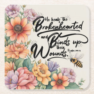 Psalms 147:3 Christian Bible Verse Image Square Paper Coaster