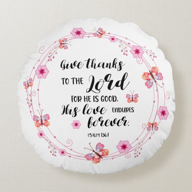 Psalms Bible Verse Christian Cherry Blossoms Pink Round Cushion (Front)