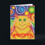 Psy-cat-delic 'Brother' 'groovy birthday' card<br><div class="desc">Groovy baby! A yellow and orange striped cat with swirling whiskers and a psychedelic rainbow patterned background. Greetings card with a yellow, orange, red, blue, green, pink, purple, and white customisable design for you to personalise with your own text, images and ideas.An original digitally enhanced coloured pencil drawing by Jess...</div>