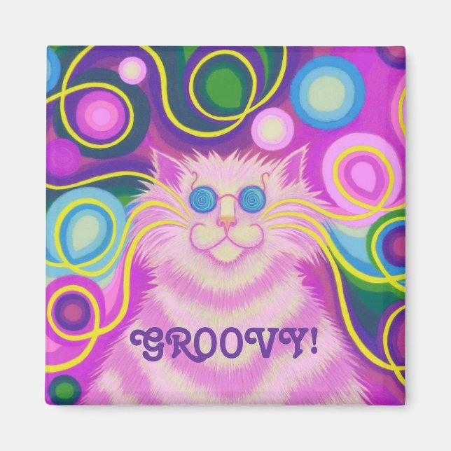Psy-cat-delic Pink 'Groovy' fridge magnet square (Front)