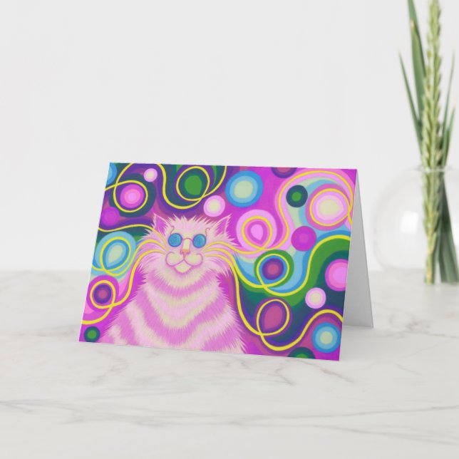 Psy-cat-delic Pink 'Happy Birthday' greetings card (Front)