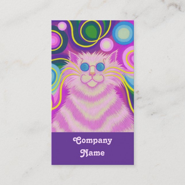 Psy-cat-delic Pink portrait purple back Business Card (Front)
