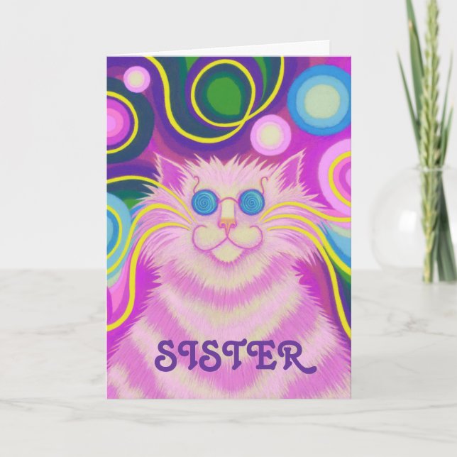 Psy-cat-delic Pink 'Sister' 'groovy birthday' card (Front)