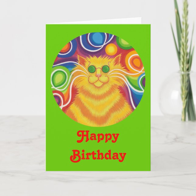 Psy-cat-delic round  'Happy Birthday' card green (Front)