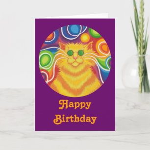 Psy-cat-delic round  'Happy Birthday' card purple