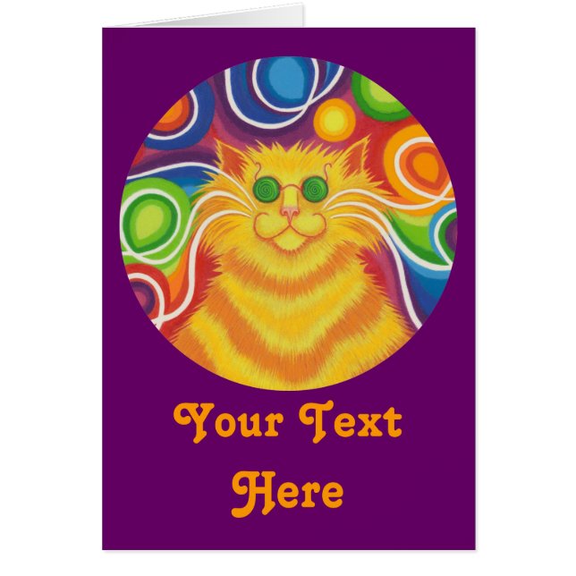 Psy-cat-delic round  'Your Text' card purple (Front)