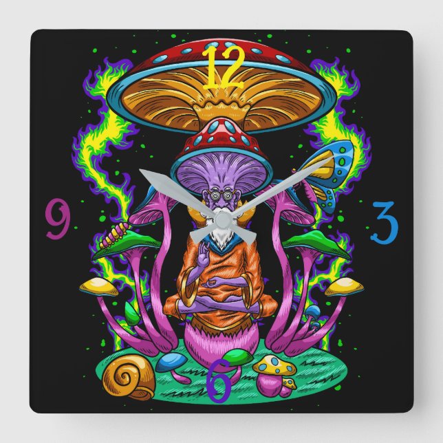 Psycedelic Hippy Mushroom Square Wall Clock (Front)