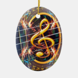 Psychadelic Accoustic Guitar, music sheet design Ceramic Tree Decoration