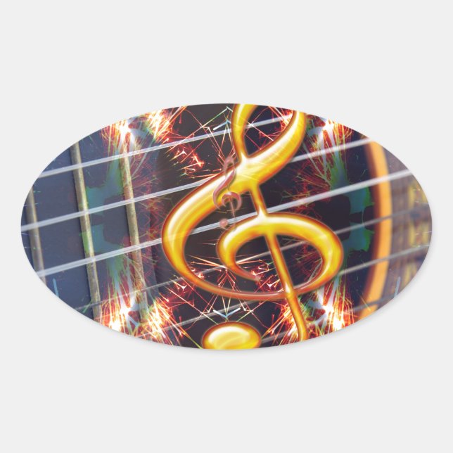 Psychadelic Accoustic Guitar, music sheet design Oval Sticker (Front)