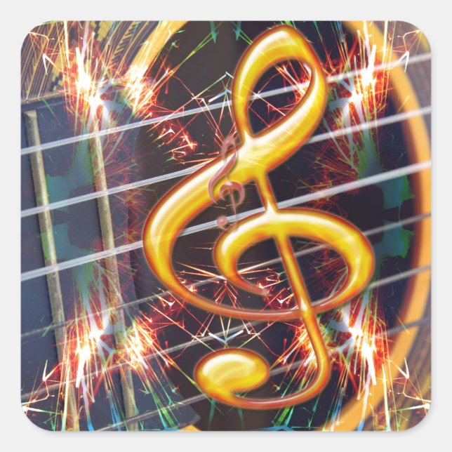 Psychadelic Accoustic Guitar, music sheet design Square Sticker (Front)