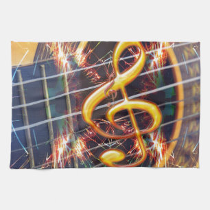 Psychadelic Accoustic Guitar, music sheet design Tea Towel