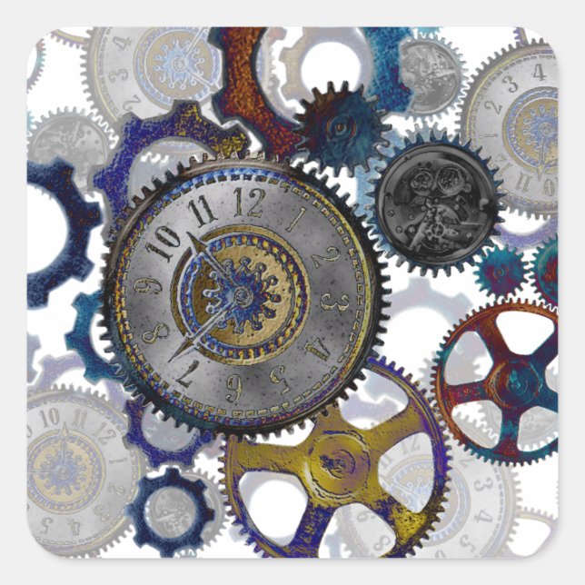 Psychadelic steampunk gears, cogs, clock face gift square sticker (Front)