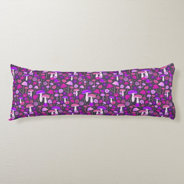 Psychedelic 70s Mushrooms Pink, Purple & Black Body Cushion (Front)