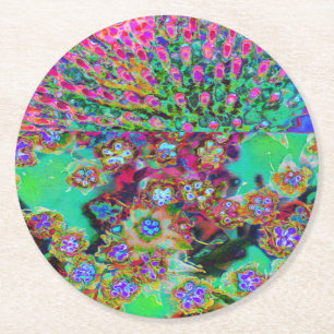 Psychedelic Abstract Groovy Purple Sedum Round Paper Coaster