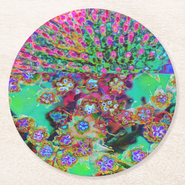 Psychedelic Abstract Groovy Purple Sedum Round Paper Coaster (Front)