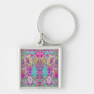 Psychedelic Abstract Magenta and Aqua Garden Art Key Ring