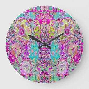 Psychedelic Abstract Magenta and Aqua Garden Art Large Clock