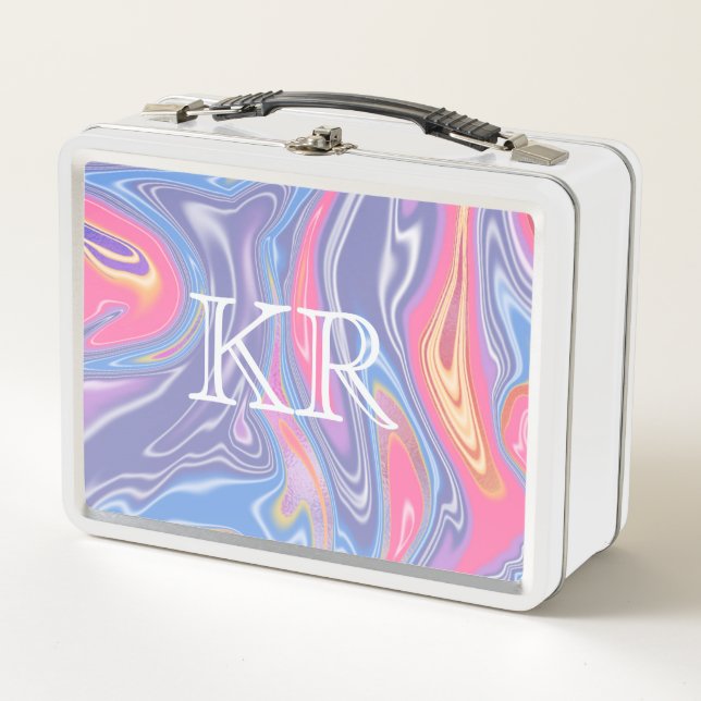 Psychedelic Abstract Marble Pastel Pattern Initial Metal Lunch Box (Front)