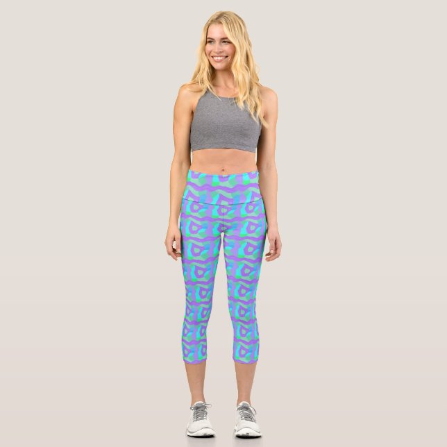 Psychedelic African Patchwork: Green Lilac Blue Capri Leggings (Front)