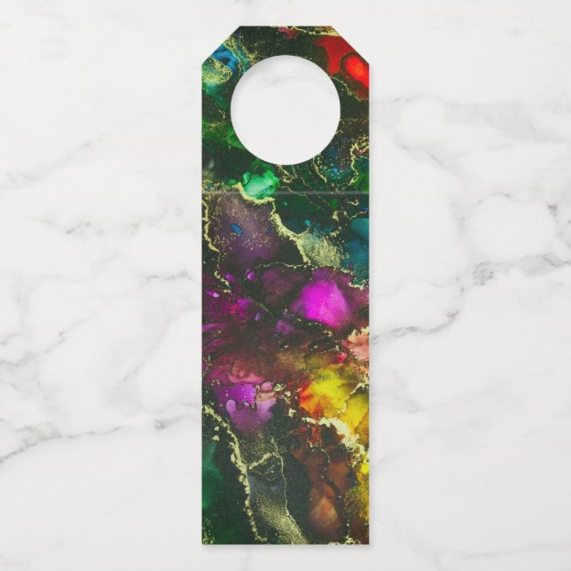 Psychedelic Alcohol Ink Abstract Painting Bottle Tag (Front)