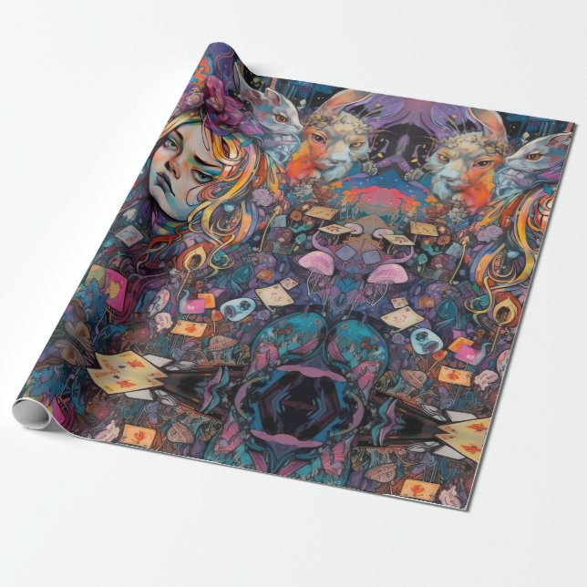 Psychedelic Alice in wonderland Animal Theme Wrapping Paper (Unrolled)