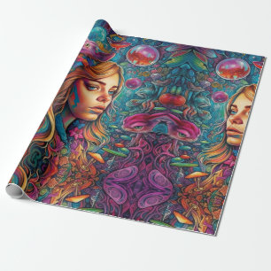 Psychedelic Alice in wonderland Blue Girl Theme Wrapping Paper