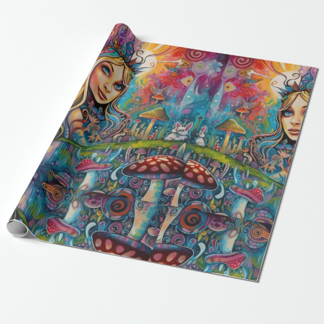 Psychedelic Alice in wonderland Bold Colours Theme Wrapping Paper (Unrolled)