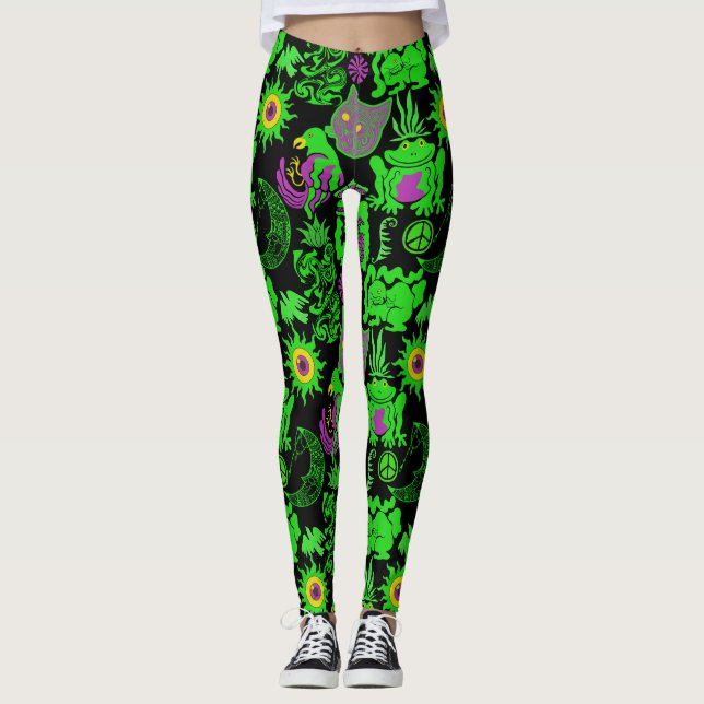 Psychedelic animals pattern Black BG Leggings (Front)