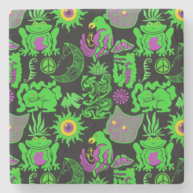 Psychedelic animals pattern Black BG Stone Coaster (Front)