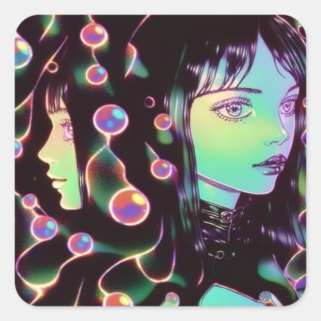 Psychedelic Anime Girl Square Sticker (Front)