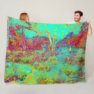 Psychedelic Autumn Gold and Aqua Garden Landscape Fleece Blanket
