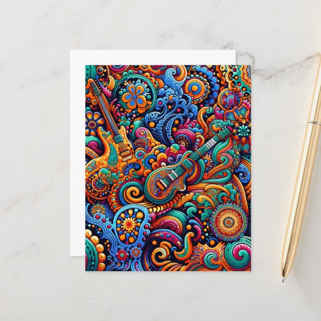 Psychedelic Batik Guitar Art–Colourful Retro Music (Front/Back In Situ)