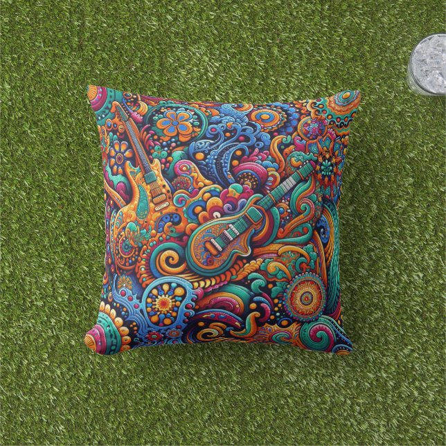 Psychedelic Batik Guitar Art–Colourful Retro Music Cushion (Grass)