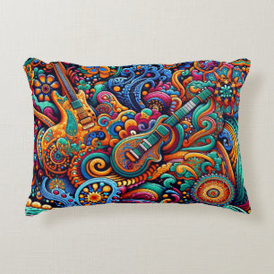 Psychedelic Batik Guitar Art–Colourful Retro Music Decorative Cushion