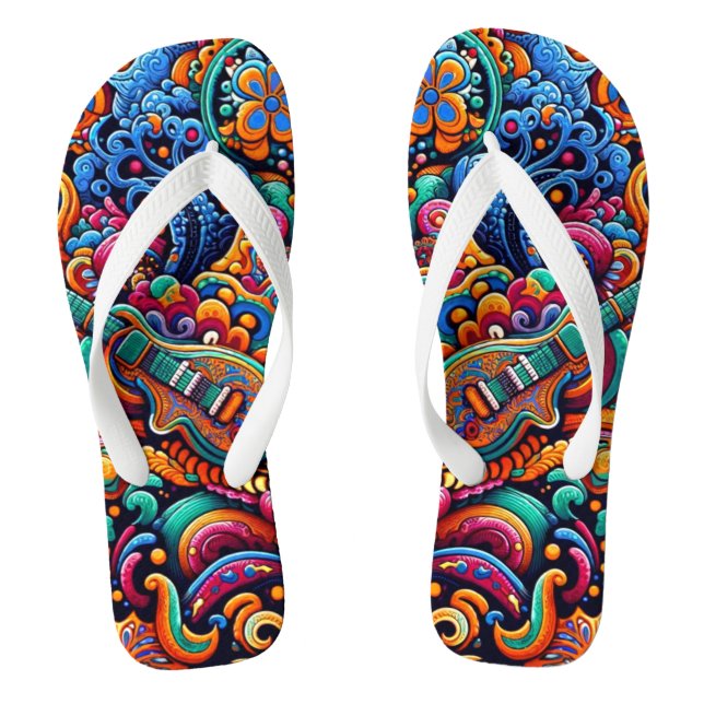 Psychedelic Batik Guitar Art–Colourful Retro Music Flip Flops (Footbed)
