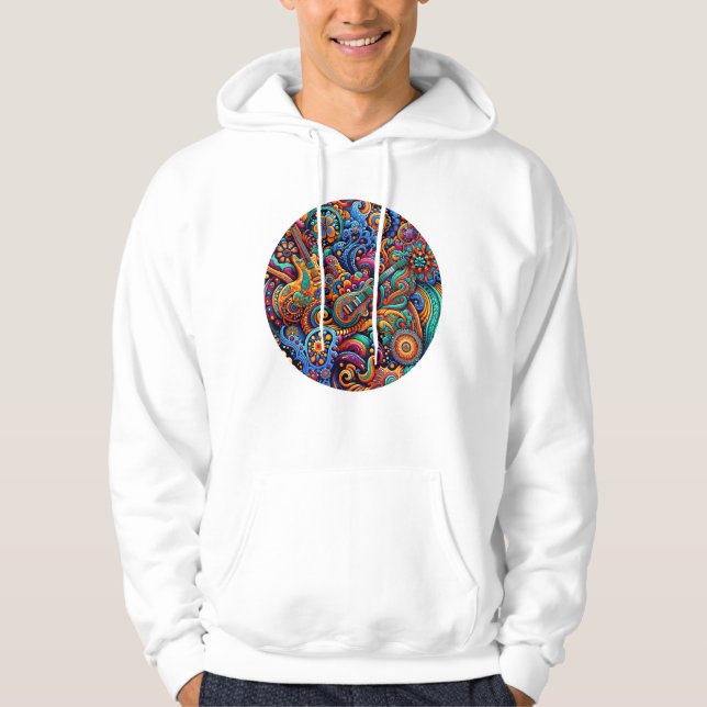 Psychedelic Batik Guitar Art–Colourful Retro Music Hoodie (Front)