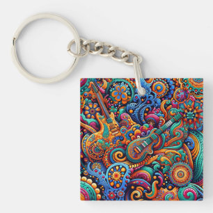 Psychedelic Batik Guitar Art–Colourful Retro Music Key Ring