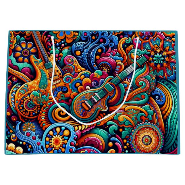 Psychedelic Batik Guitar Art–Colourful Retro Music Large Gift Bag (Front)