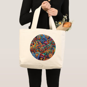Psychedelic Batik Guitar Art–Colourful Retro Music Large Tote Bag