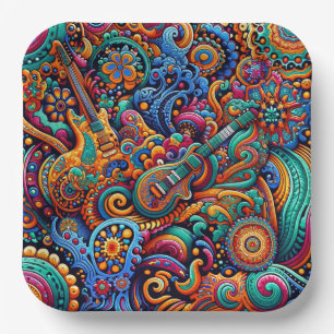 Psychedelic Batik Guitar Art–Colourful Retro Music Paper Plate