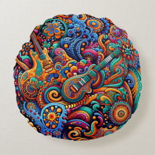 Psychedelic Batik Guitar Art–Colourful Retro Music Round Cushion