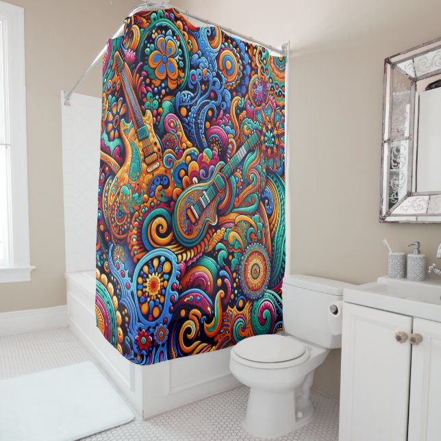 Psychedelic Batik Guitar Art–Colourful Retro Music Shower Curtain (In Situ)