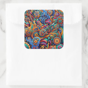 Psychedelic Batik Guitar Art–Colourful Retro Music Square Sticker
