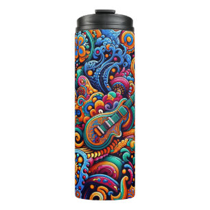 Psychedelic Batik Guitar Art–Colourful Retro Music Thermal Tumbler