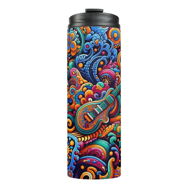 Psychedelic Batik Guitar Art–Colourful Retro Music Thermal Tumbler (Front)