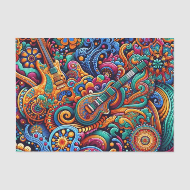 Psychedelic Batik Guitar Art–Colourful Retro Music Tissue Paper (Front)