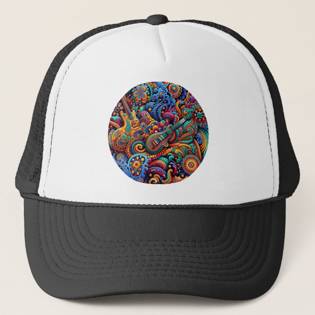 Psychedelic Batik Guitar Art–Colourful Retro Music Trucker Hat (Front)