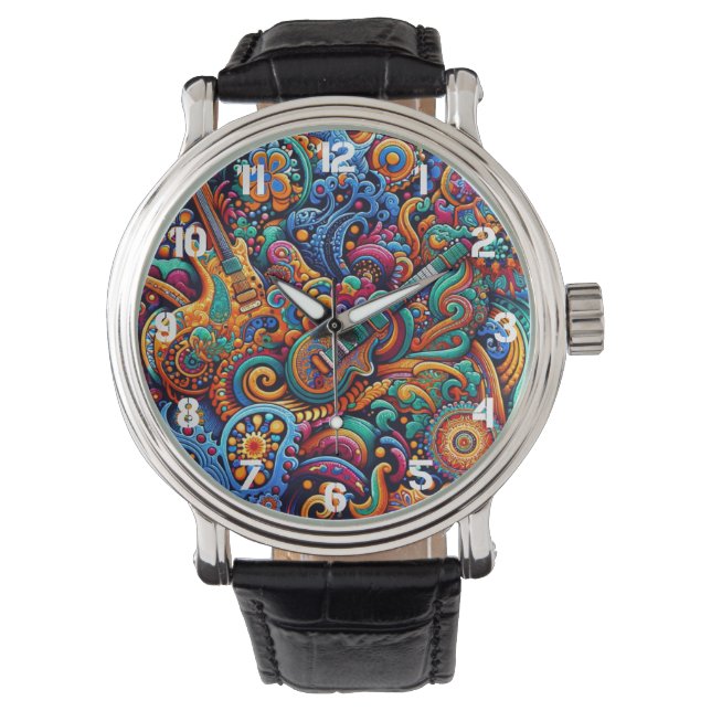 Psychedelic Batik Guitar Art–Colourful Retro Music Watch (Front)