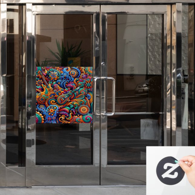 Psychedelic Batik Guitar Art–Colourful Retro Music Window Cling (Office Door)