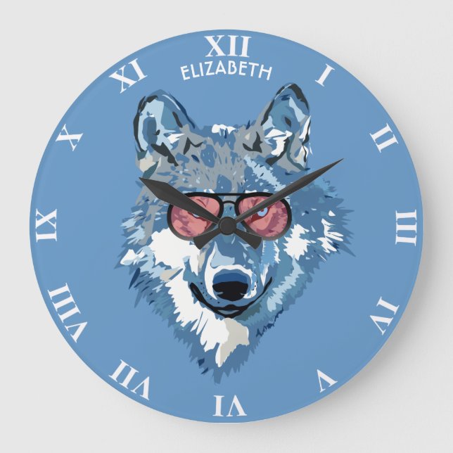 Psychedelic Blue Wolf With Pink Sunglasses Cool Large Clock (Front)